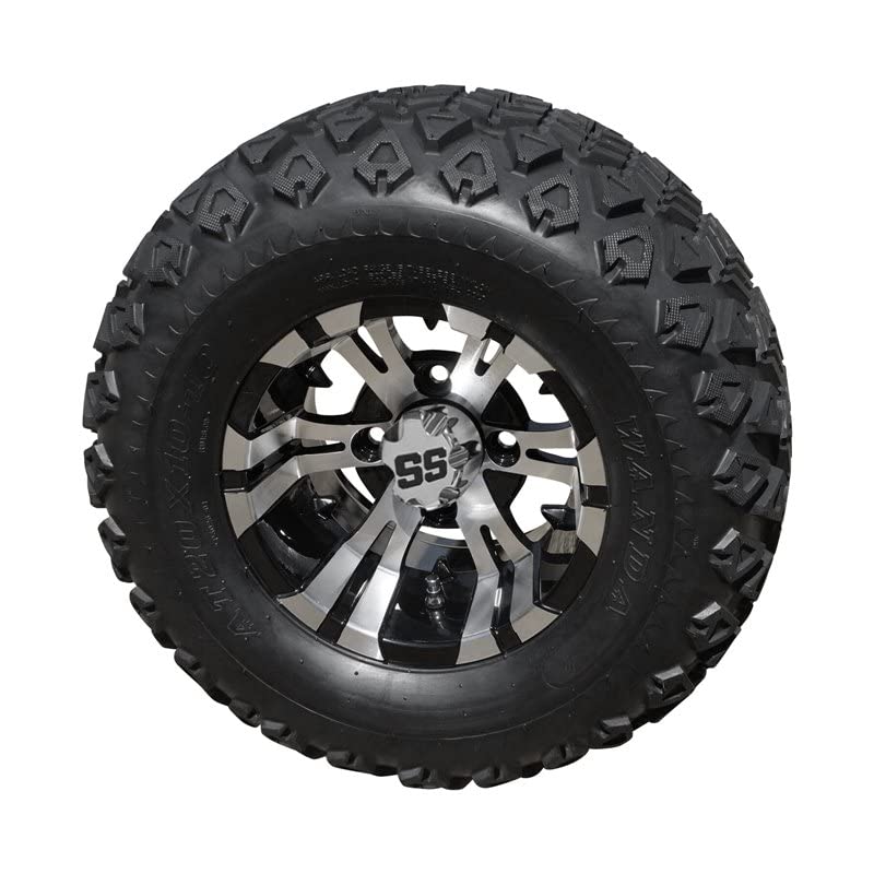 10" Machined/Black 'Vampire' Golf Cart Wheels and 20"x8"-10 Turf tires - Set of 4, includes Chrome 'SS' center caps and M12x1.25 Chrome lug nuts