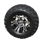 10" Machined/Black 'Vampire' Golf Cart Wheels and 20"x8"-10 Turf tires - Set of 4, includes Chrome 'SS' center caps and M12x1.25 Chrome lug nuts