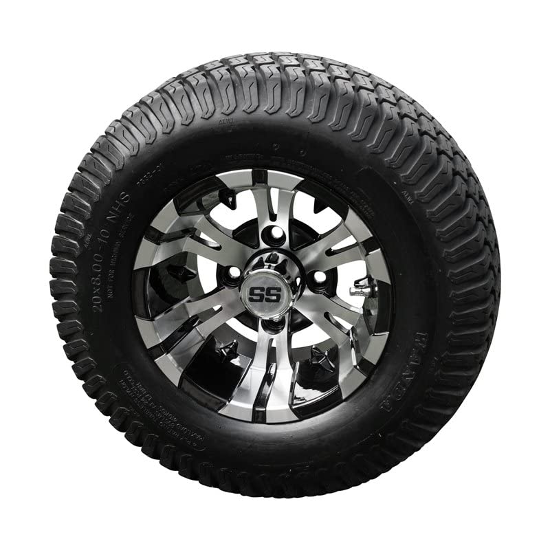 10" Machined/Black 'Vampire' Golf Cart Wheels and 20"x8"-10 Turf tires - Set of 4, includes Chrome 'SS' center caps and M12x1.25 Chrome lug nuts