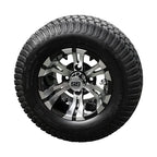 10" Machined/Black 'Vampire' Golf Cart Wheels and 20"x8"-10 Turf tires - Set of 4, includes Chrome 'SS' center caps and M12x1.25 Chrome lug nuts
