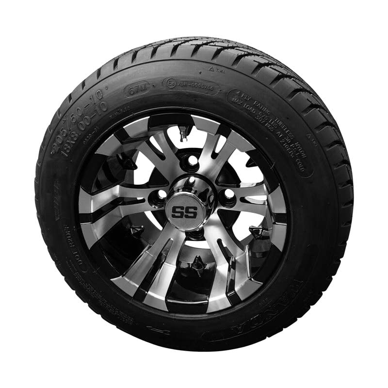 10" Machined/Black 'Vampire' Golf Cart Wheels and 20"x8"-10 Turf tires - Set of 4, includes Chrome 'SS' center caps and M12x1.25 Chrome lug nuts