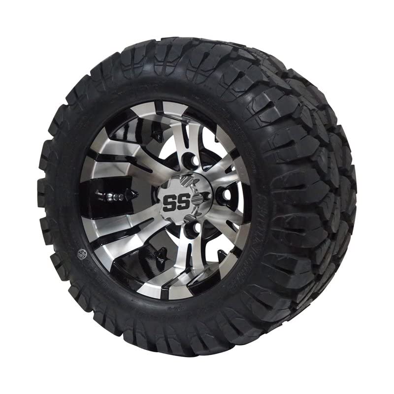 10" Machined/Black 'Vampire' Golf Cart Wheels and 20"x8"-10 Turf tires - Set of 4, includes Chrome 'SS' center caps and M12x1.25 Chrome lug nuts