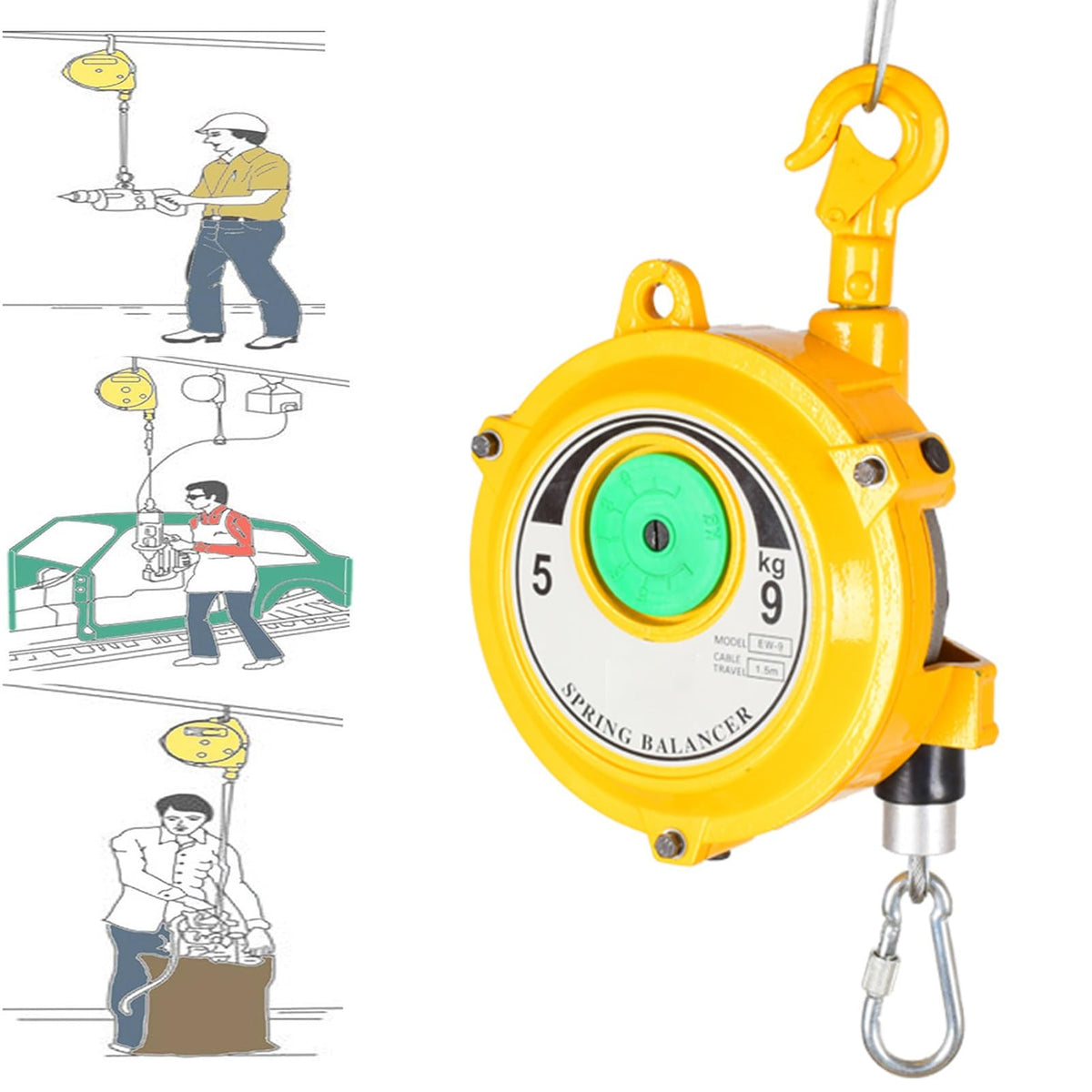 1pc Heavy-Duty Spring Balancer Tool with 1.5m Wire Rope & Hook - Adjustable Tension for Workshop, Automotive, Assembly Line, Supports 5-9kg Load Capacity