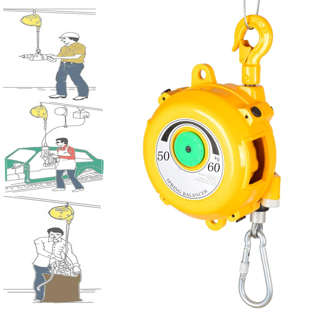 Spring Balancer Tool Balancer with Hook and Wire Rope with 1.5m Wire Rope and Hook Hanging Holding Equipment, for Assembly Line, Workshop and Automotive Equipment, Multifunctional (60-70kg