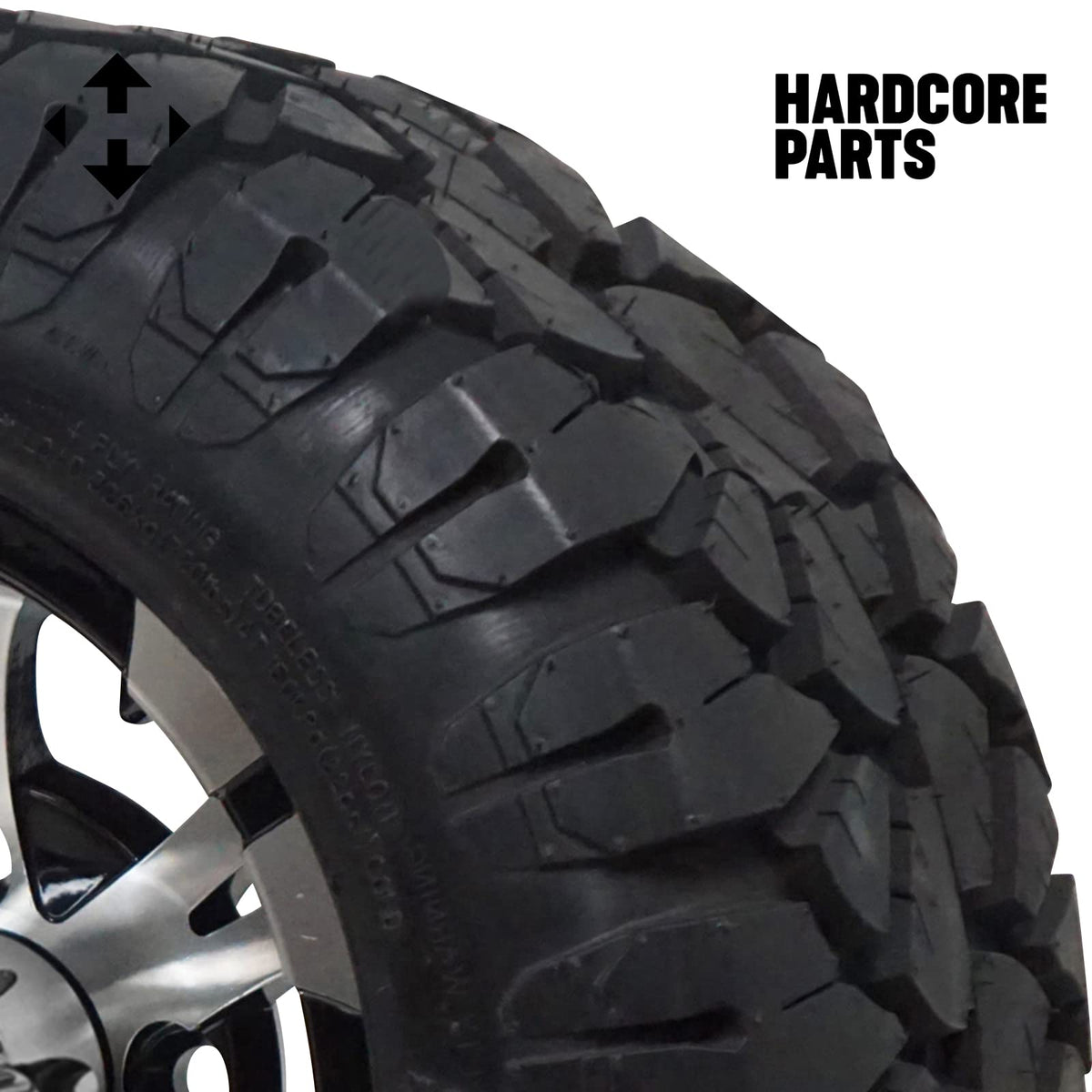 10" Machined/Black 'Vampire' Golf Cart Wheels and 20"x8"-10 Turf tires - Set of 4, includes Chrome 'SS' center caps and M12x1.25 Chrome lug nuts