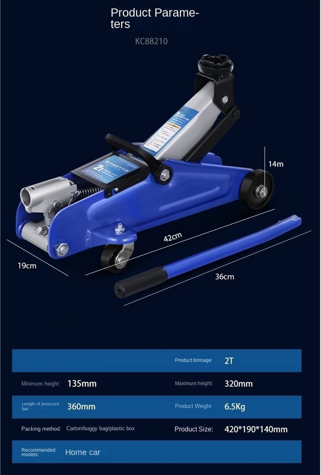 Horizontal Hydraulic Jack 2t Car Jack Car with On-Board Hydraulic Jack 2t Tire Changing Tool