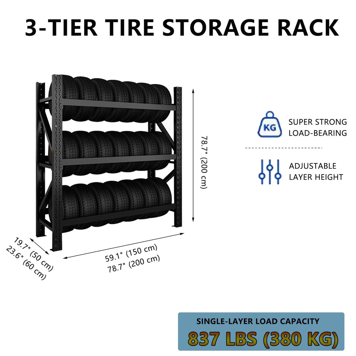 3-Tier Heavy Duty Tire Storage Rack for Garage, 2513lbs Capacity, Adjustable Shelf Height, Tool-Free Assembly, Freestanding Tire Storage Rack(78.7"x23.6"x78.7")