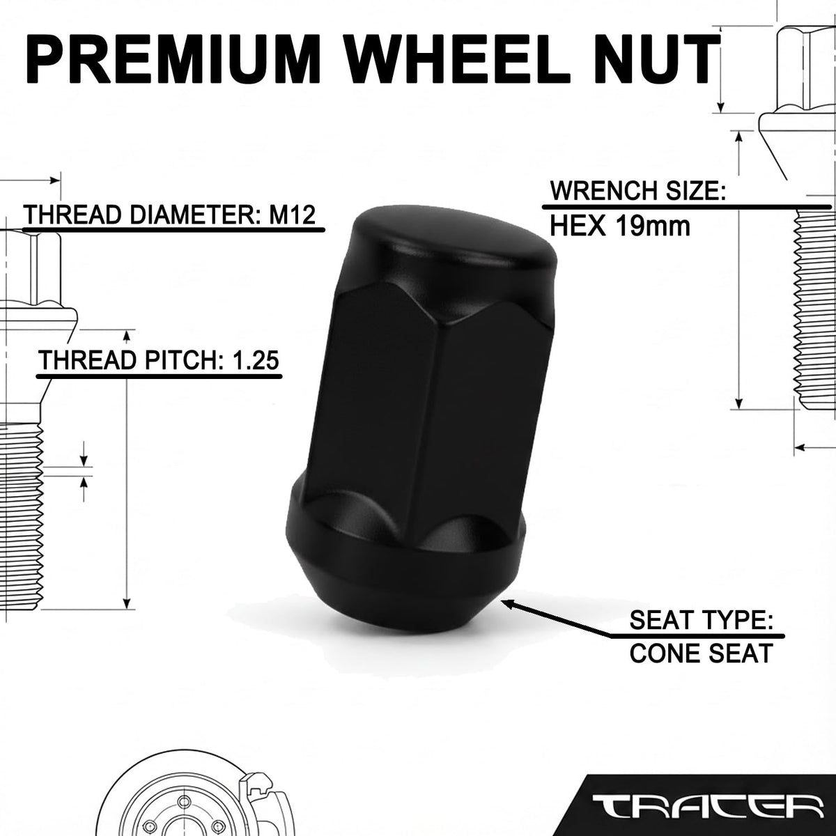 TRACER 20 x Wheel Nuts M12 x 1.25 Taper Collar Closed 60° 34 Spanner Width 19 mm Compatible with Vauxhall, Agila I