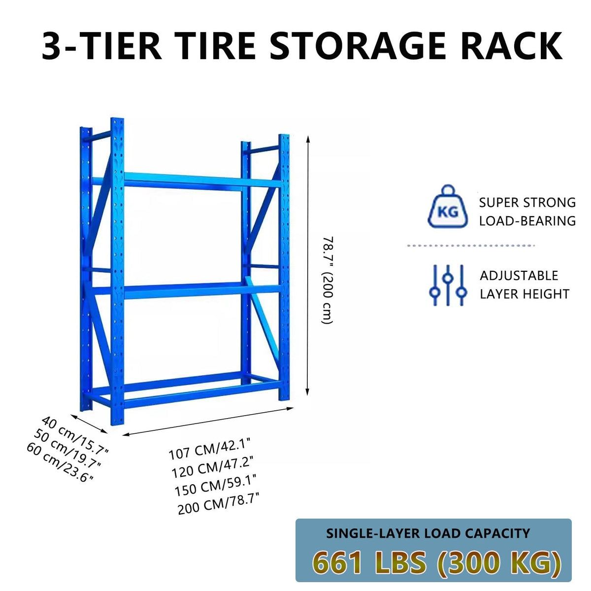 Heavy Duty Tire Storage Rack, 2000lbs Capacity, Adjustable Shelf Height, Tool-Free Assembly, 3-Tier Freestanding Tire Storage Rack for Garage(47.2"x23.6"x78.7")