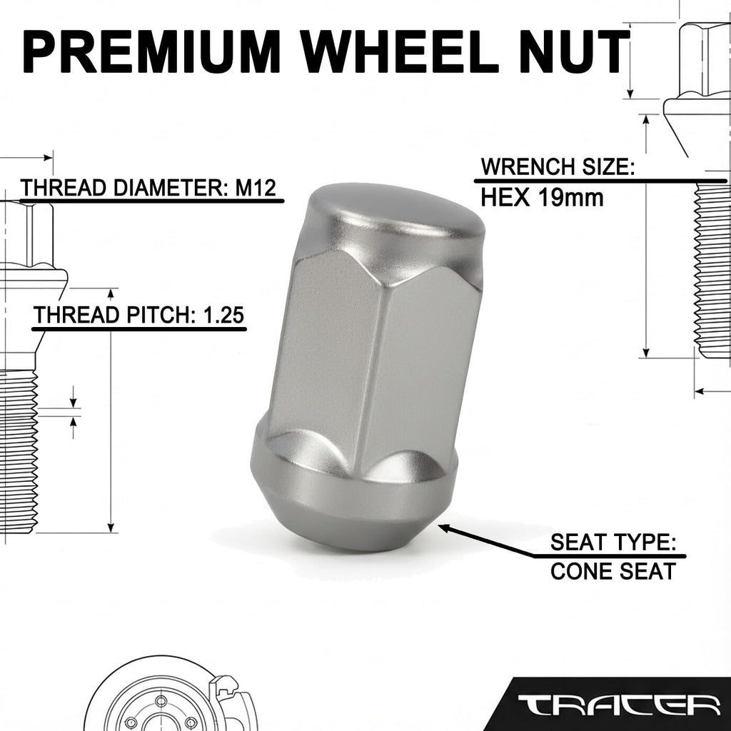 TRACER 10 x Wheel Nuts M12 x 1.25 Taper Collar Closed 60° 34 mm Spanner Width 17 mm Compatible with Renault Alaskan Alaskan 4x4 Pulse Scale