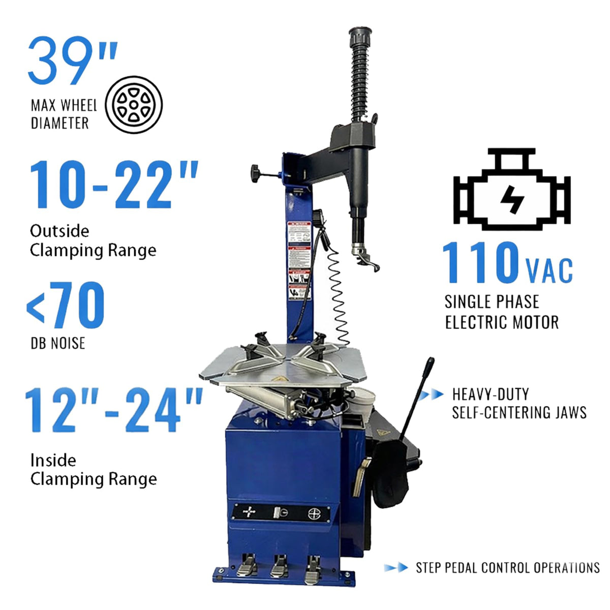 Jack Boss Tire Changer Machine, 3-Pedal Tire Machine, Heavy-Duty Wheel Tire Mounting & Dismounting Machine, 110V 60Hz Power, Fits 10"-24" Rims for Cars