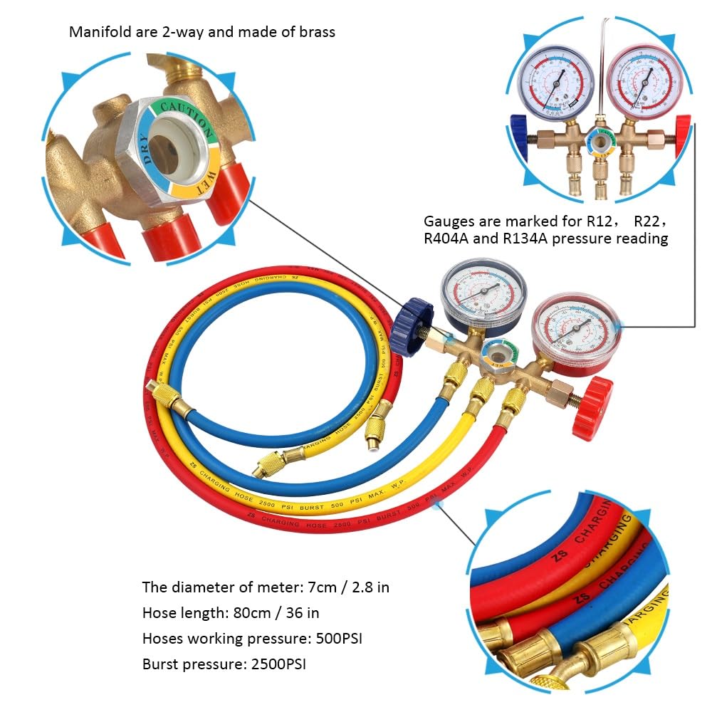 Refrigerant Manifold Gauge Air Condition Refrigeration Set Air Conditioning Tools with Hose and Hook