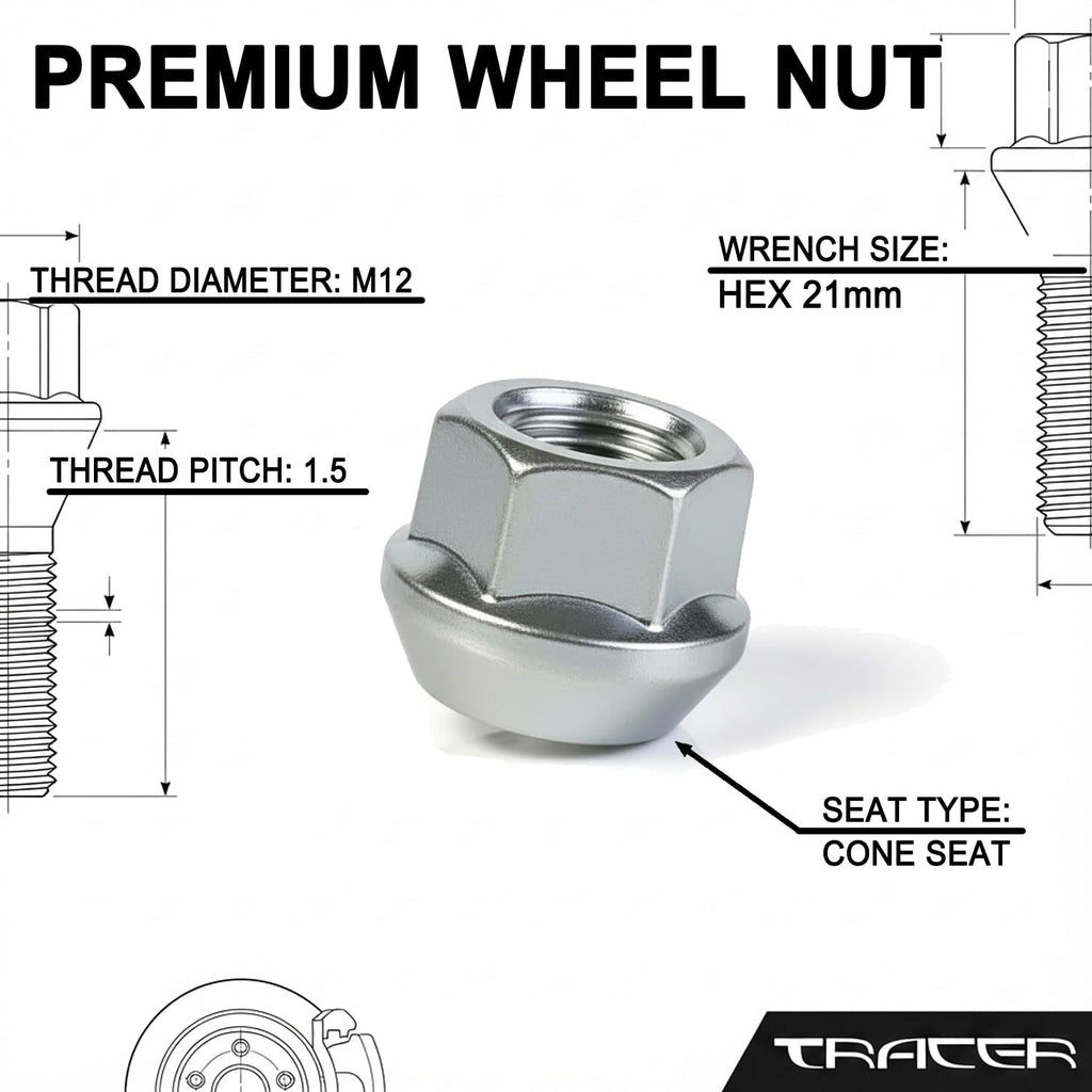 TRACER 20x Open Wheel Nuts M12 x 1.5 Taper Collar 60° 24 Spanner Width 21 mm Compatible with Volvo S40 I V40 I