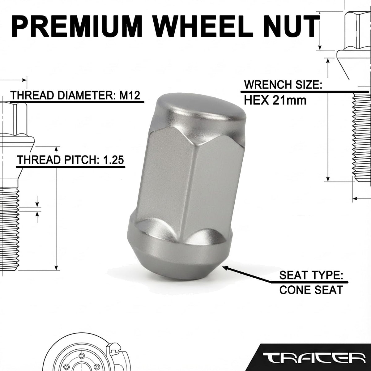 TRACER 20x Wheel Nuts M12 x 1.25 Taper Collar Closed 60° 34 Spanner Width 21 mm Compatible with Datsun, GO (AD0), GO+ (AD0)