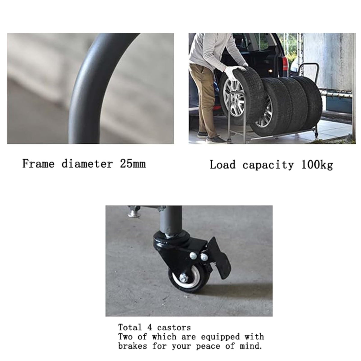 Tire Rack, Garage Tire Storage Rack, Tire Storage Rack with Wheels, Mobile Tire Rack for Workshop/Repair Shop/Factory, Metal Tire Trailer for 4 Tires