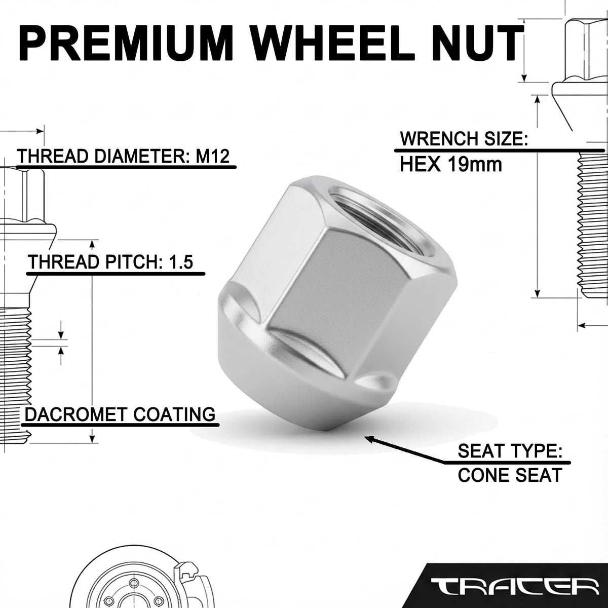 TRACER 10 x Open Wheel Nuts M12 x 1.5 Taper Collar 60° 22 mm | Spanner Width 17 mm Compatible with Dodge Attitude II