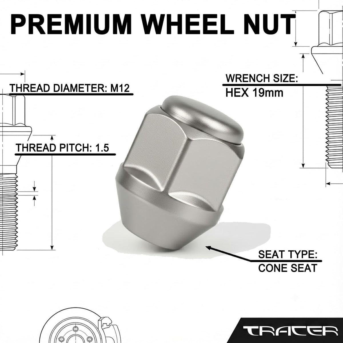 TRACER 10x Wheel Nuts M12 x 1.5 Taper Collar Closed 60° 25 mm Spanner Width 19 mm Compatible with Hyundai Accent I Accent II