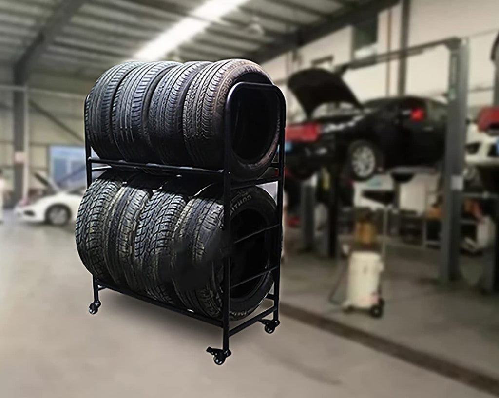 ZIMGOD 2 Tier Tire Storage Rack, Rolling Steel Garage Rack Organizer, 4 Wheels Multi Tire Rack for Indoor/Outdoor/Workshop, Convenient to Move (Size : 106cm/41.5inch)