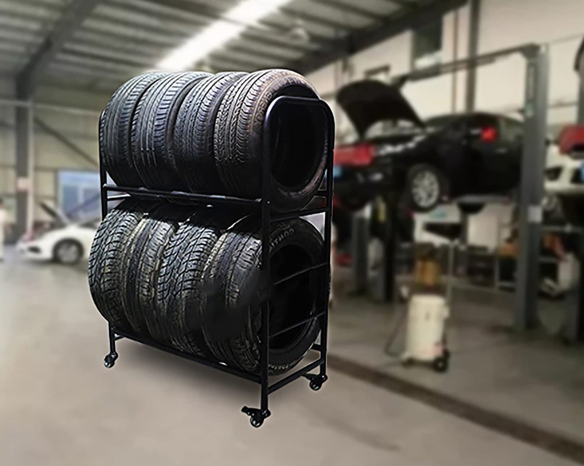 ZIMGOD 2 Tier Tire Storage Rack, Rolling Steel Garage Rack Organizer, 4 Wheels Multi Tire Rack for Indoor/Outdoor/Workshop, Convenient to Move (Size : 106cm/41.5inch)