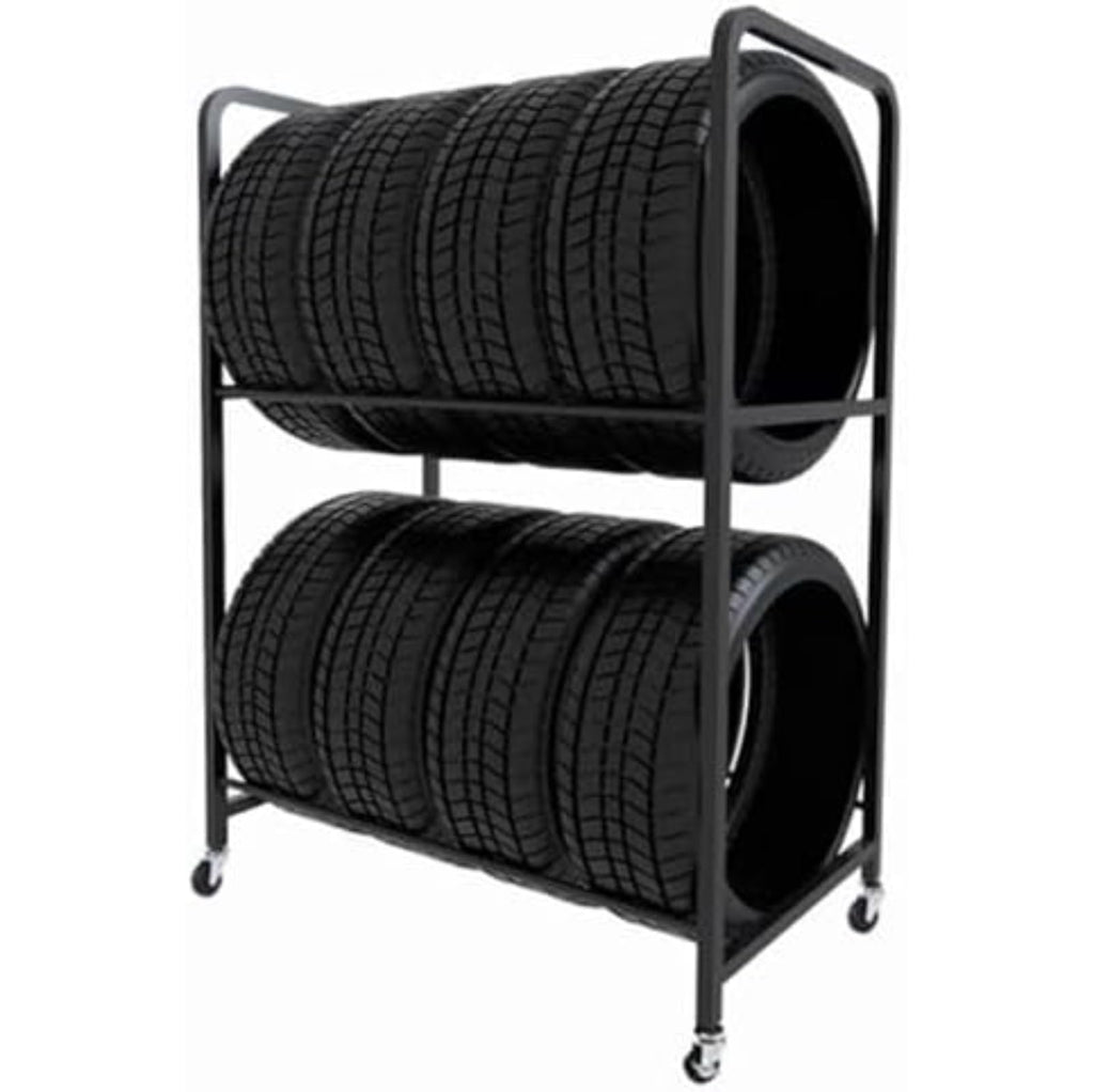 Tire Rack, Garage Rack Tire Rack, Freestanding 2 Tier Tire Holder for Garage, Steel Tire Rack Organizer with Rolling Wheels(110x50x128cm/43.3x19.7x50.4in)