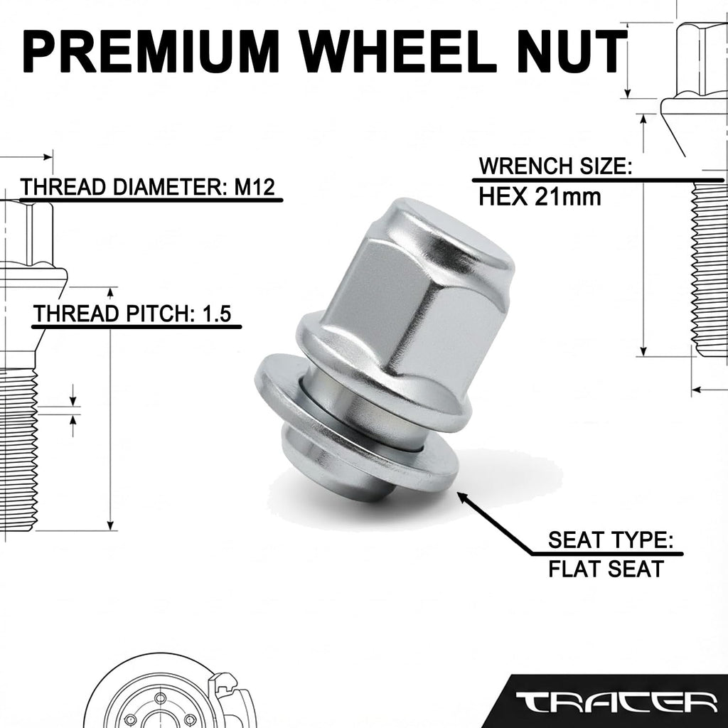TRACER 10x Wheel Nuts M12 x 1.5 Flat Collar 37 mm | Spanner Width 21 mm Compatible with Mitsubishi 3000 4x4 Airtrek Airtrek 4x4 Aspire ASX