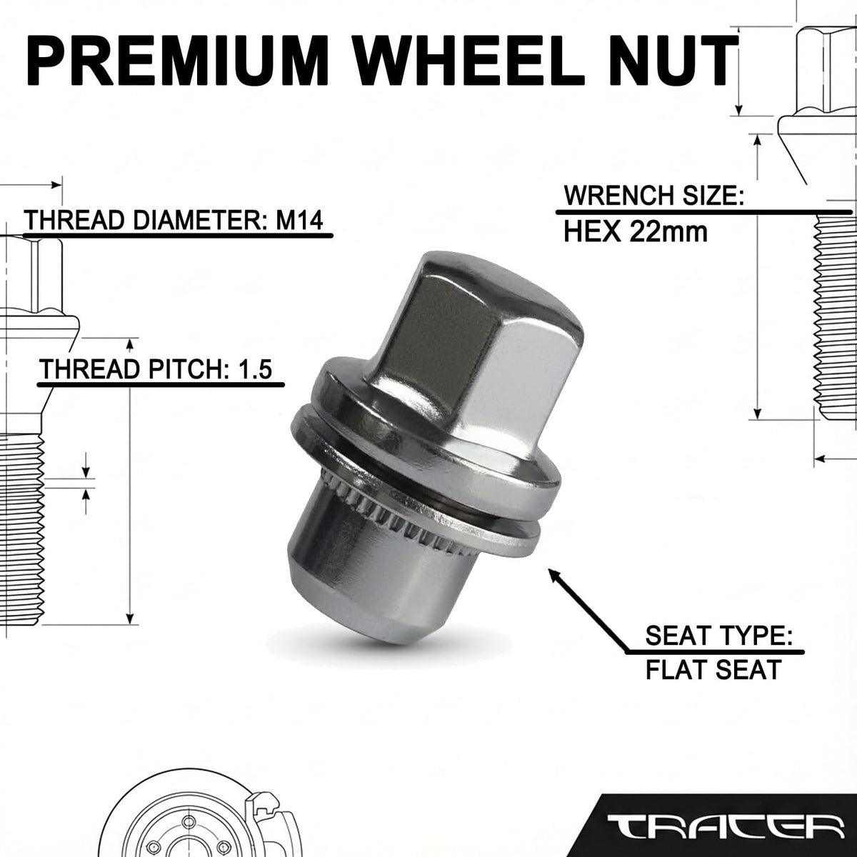 TRACER 10x Wheel Nuts M14 x 1.5 Flat Collar 34 mm | Spanner Width 22 mm Compatible with Land Rover Defender 110 4WD L663 Defender 110 Stat