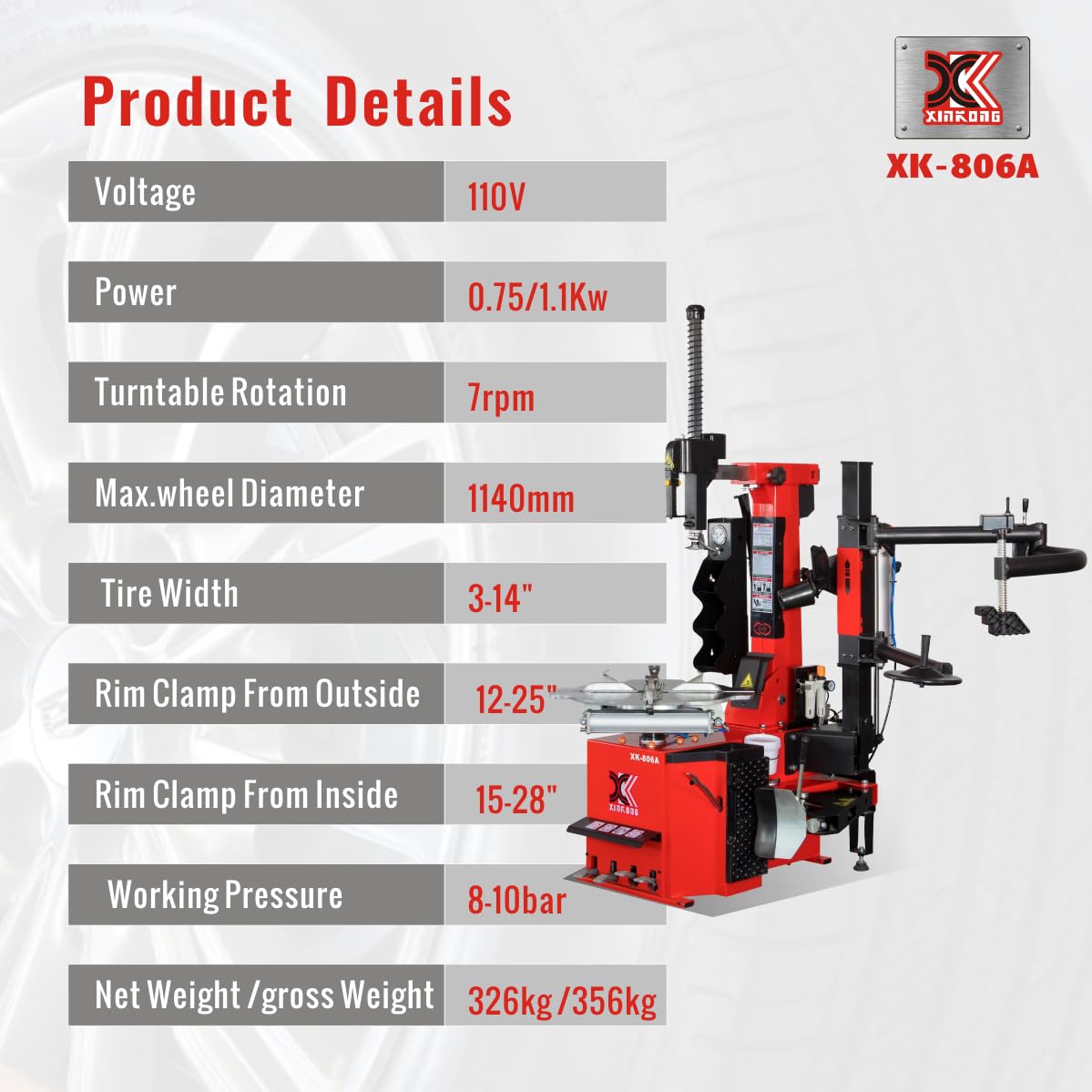 XK Tire Changer,Wheel Changers,Rim Clamp 24 in,2.0HP,110V,806A