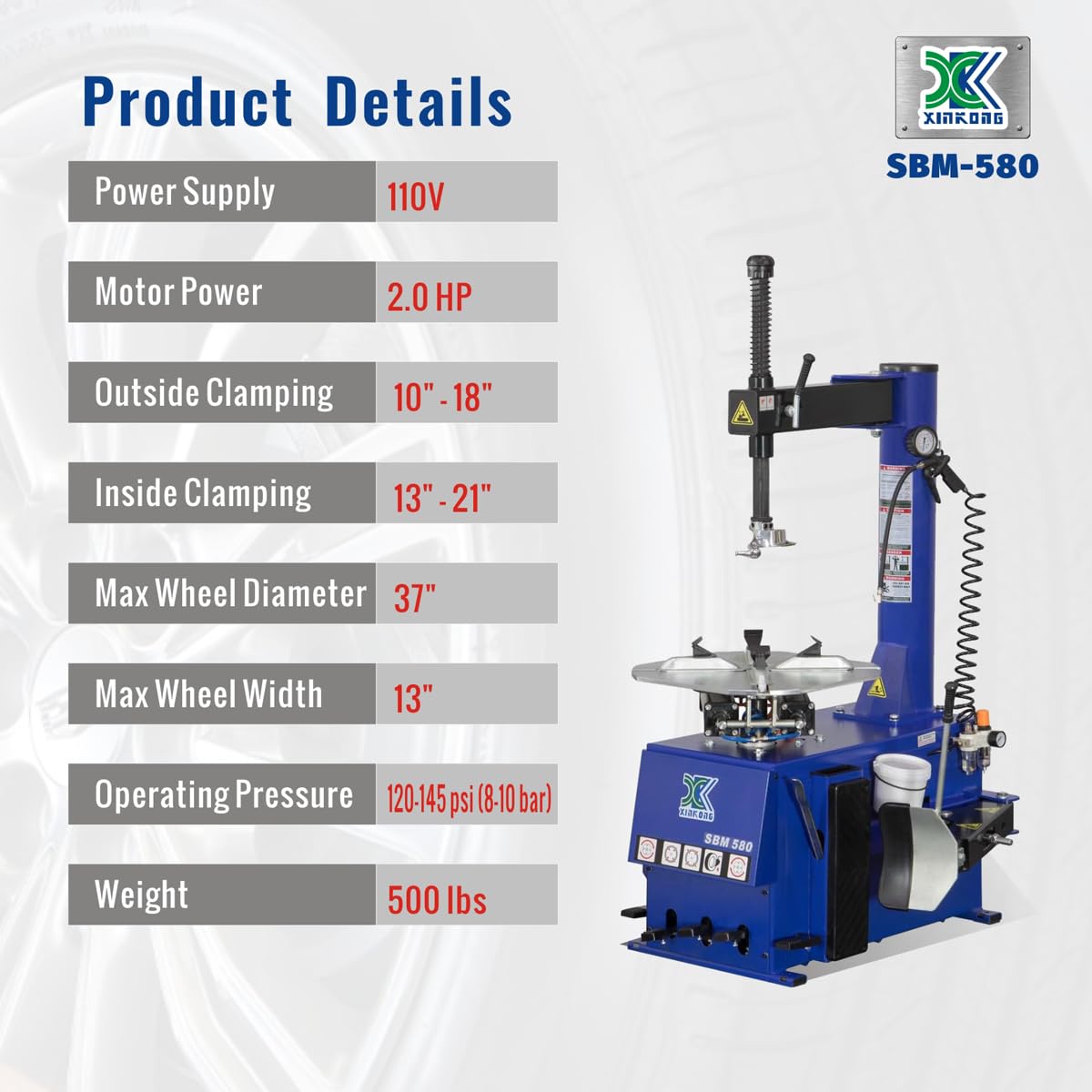 XK Tire Changer Single Wheel Changer,Rim Clamp 20 in,110V,2.0HP,580