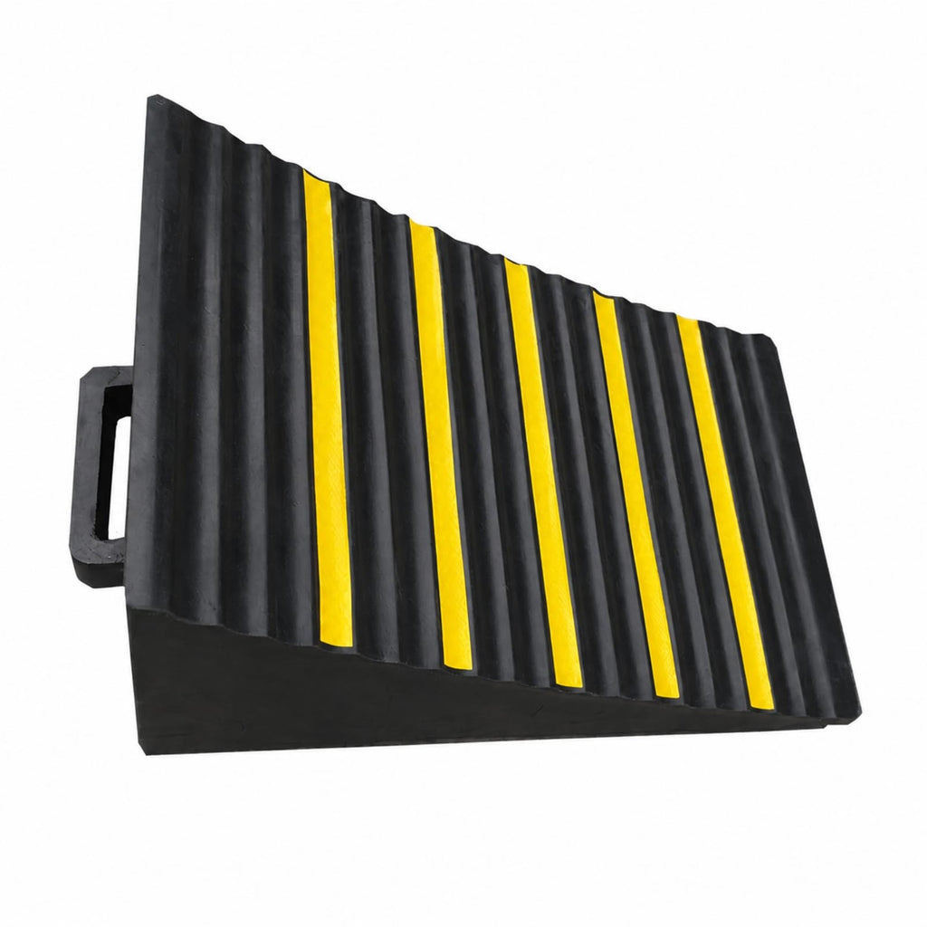 predolo Rubber Car Wheel Stopper Featuring Sloped Wedge Shape and High Contrast Striping for Tire Bracing Suitable for Driveways and Loading Spots, Style B
