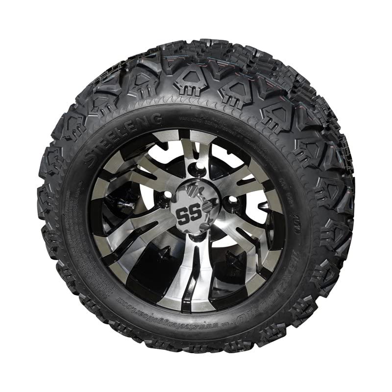 10" Machined/Black 'Vampire' Golf Cart Wheels and 20"x8"-10 Turf tires - Set of 4, includes Chrome 'SS' center caps and M12x1.25 Chrome lug nuts
