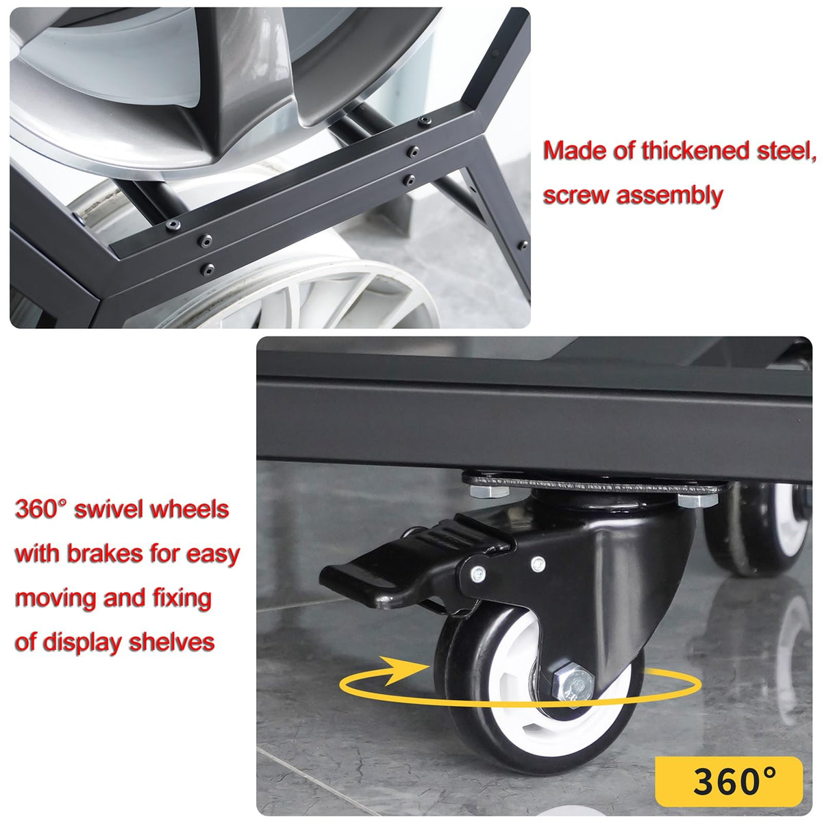 360° Rolling Car Rims Tire Display Stand, 6 Rims Holder, Heavy Duty Steel Hexagon Frame Car Tire Rims Storage Shelf for Exhibition, Shop, Garage, Mobile Wheels with Brakes