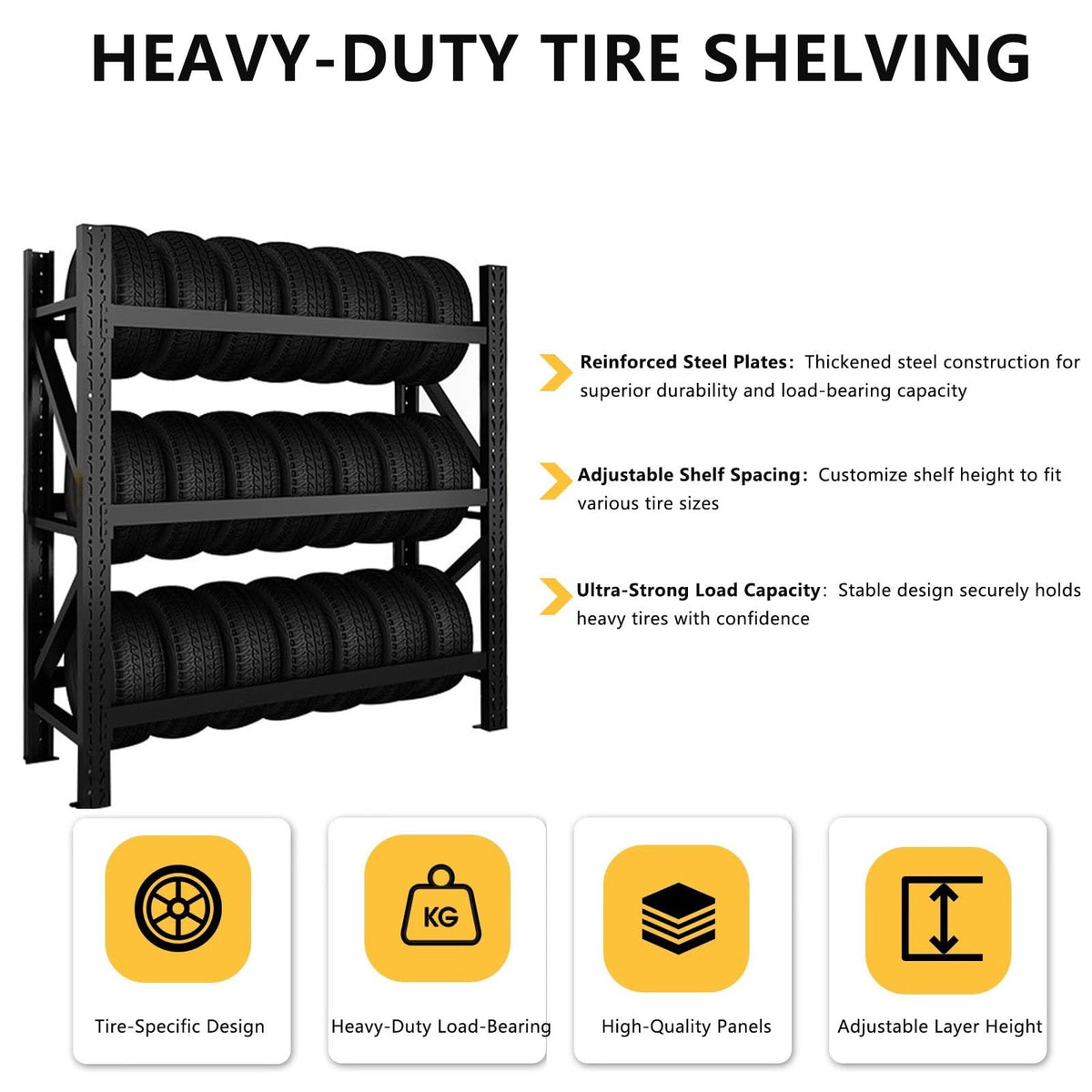 3-Tier Heavy Duty Tire Storage Rack for Garage, 2513lbs Capacity, Adjustable Shelf Height, Tool-Free Assembly, Freestanding Tire Storage Rack(78.7"x23.6"x78.7")