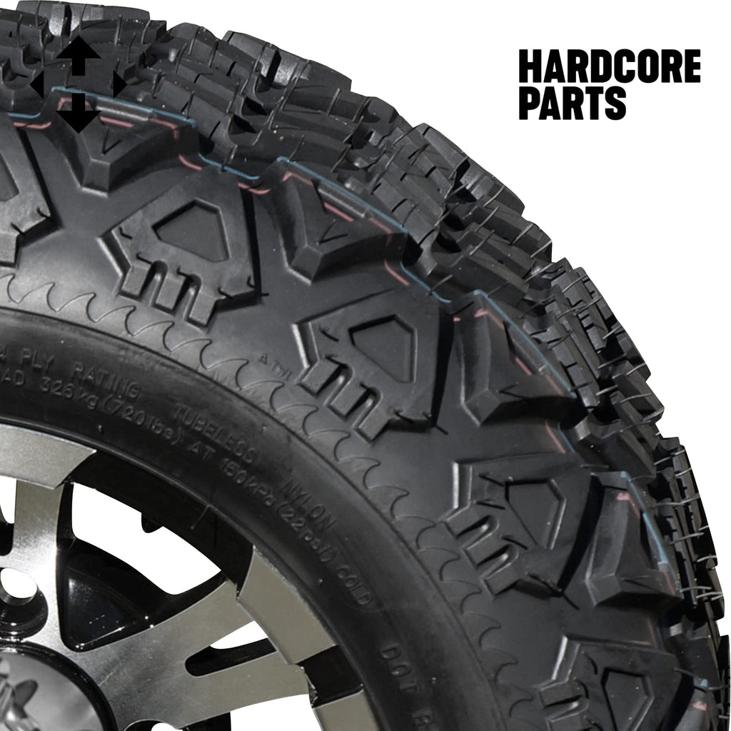 10" Machined/Black 'Vampire' Golf Cart Wheels and 20"x8"-10 Turf tires - Set of 4, includes Chrome 'SS' center caps and M12x1.25 Chrome lug nuts