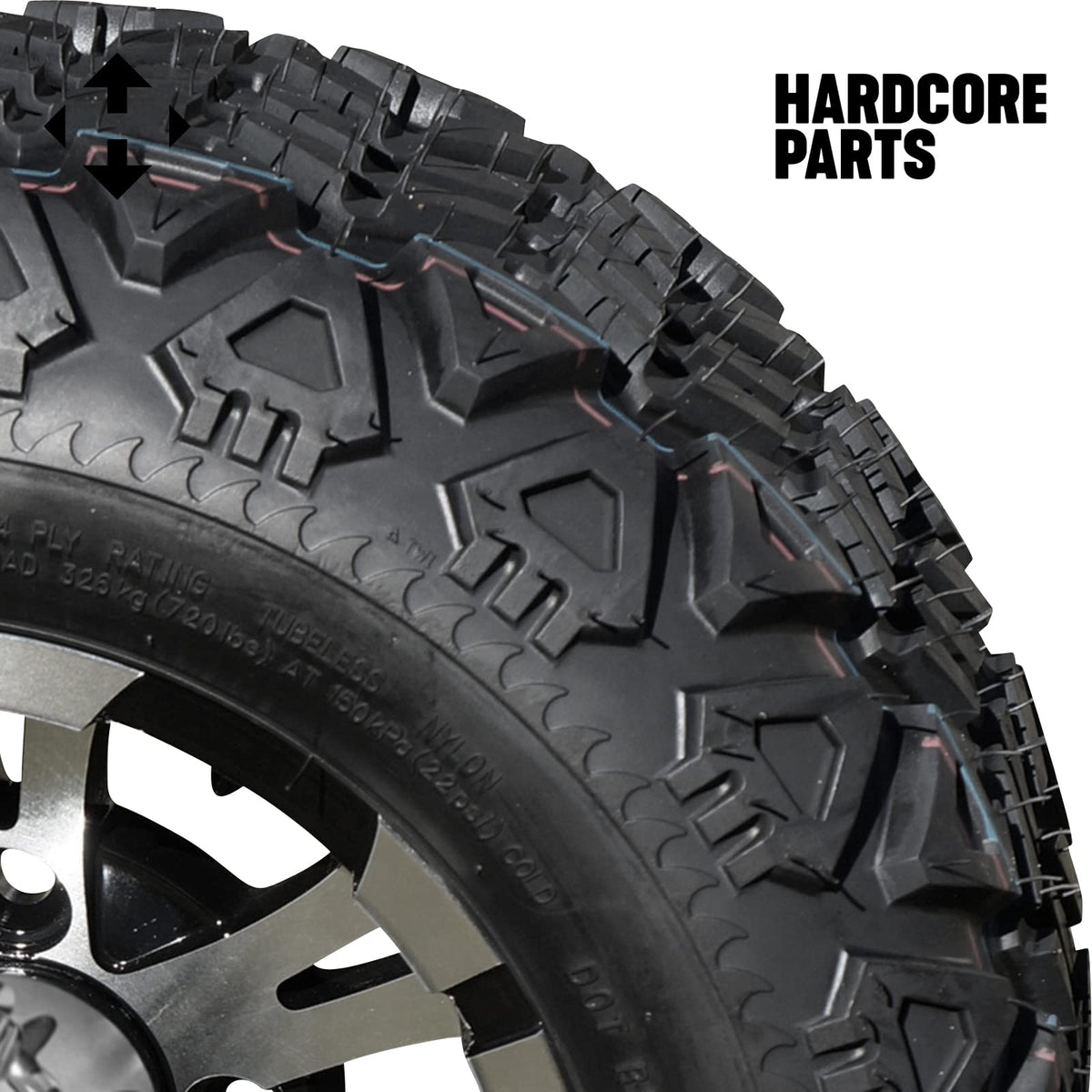 10" Machined/Black 'Vampire' Golf Cart Wheels and 20"x8"-10 Turf tires - Set of 4, includes Chrome 'SS' center caps and M12x1.25 Chrome lug nuts