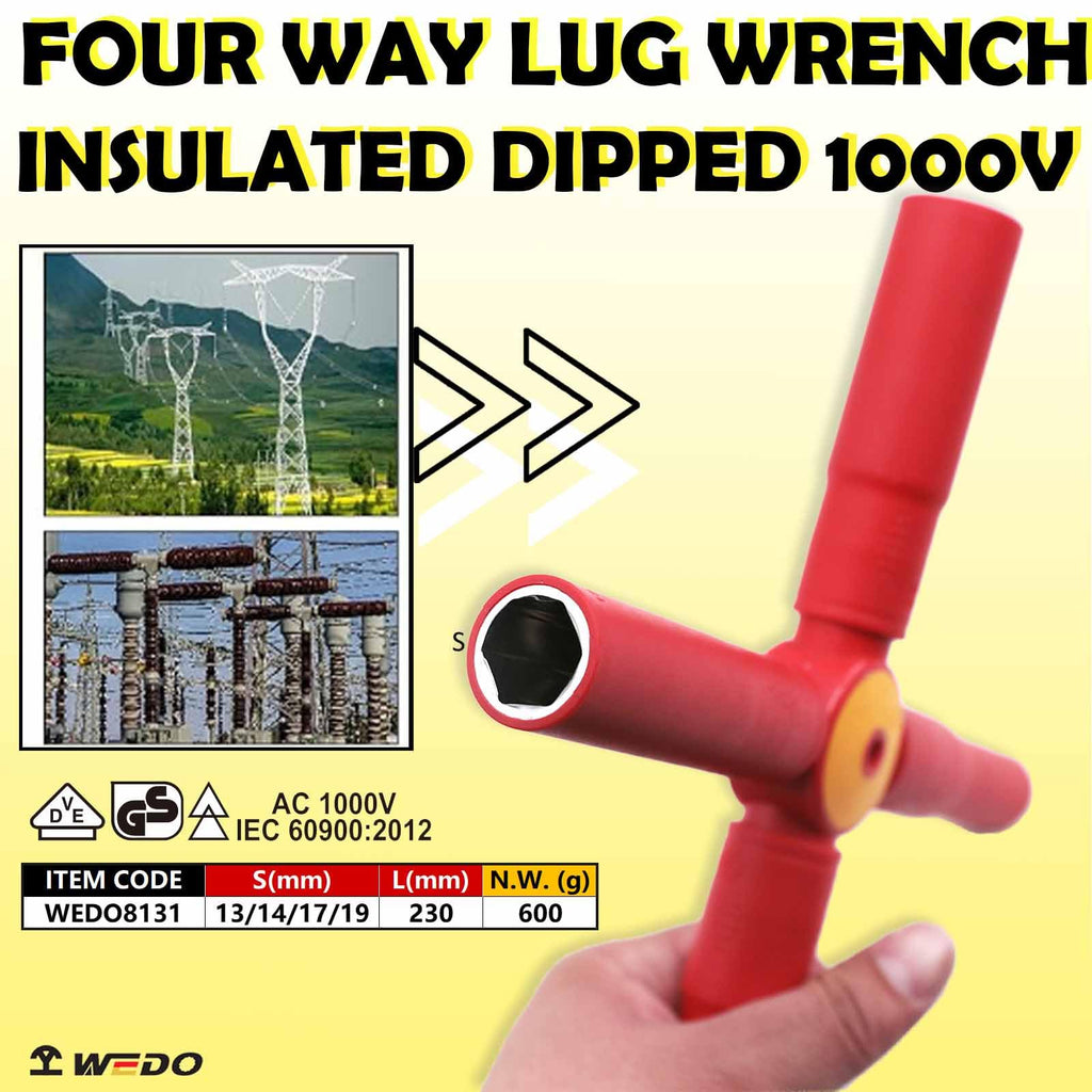 WEDO Insulated Four Way Lug Wrench,4-Way Cross Wrench, Size 13x14x17x19mm,VDE 1000V,For Tire Changing and Auto Maintenance