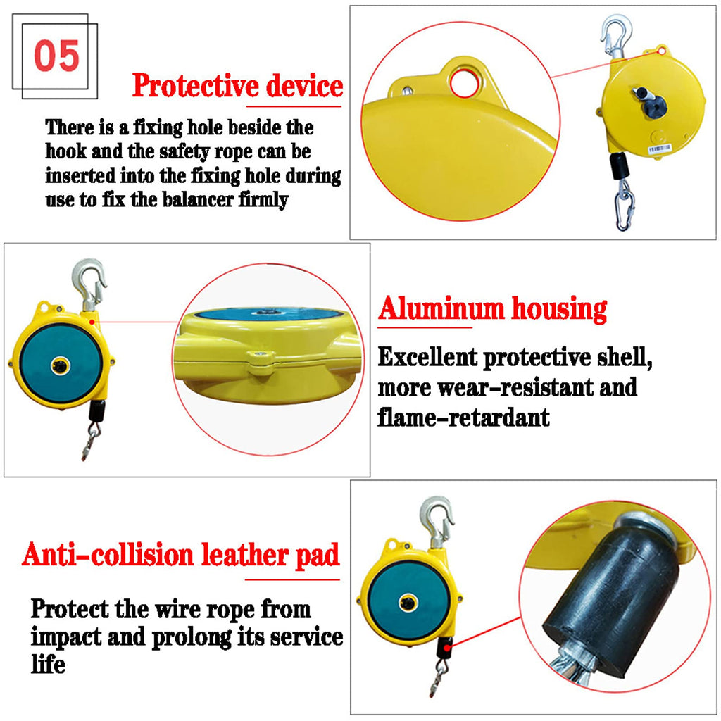 Practical Tools Adjustable Suspended Balancer Tool with Hook and Wire Rope for Assembly-Line and Hydraulic Equipment, Automatic Self-Locking Spring Tensioner