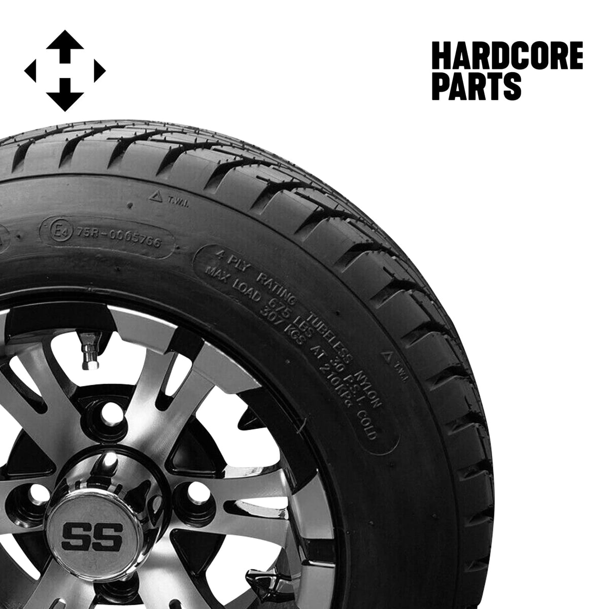 10" Machined/Black 'Vampire' Golf Cart Wheels and 20"x8"-10 Turf tires - Set of 4, includes Chrome 'SS' center caps and M12x1.25 Chrome lug nuts