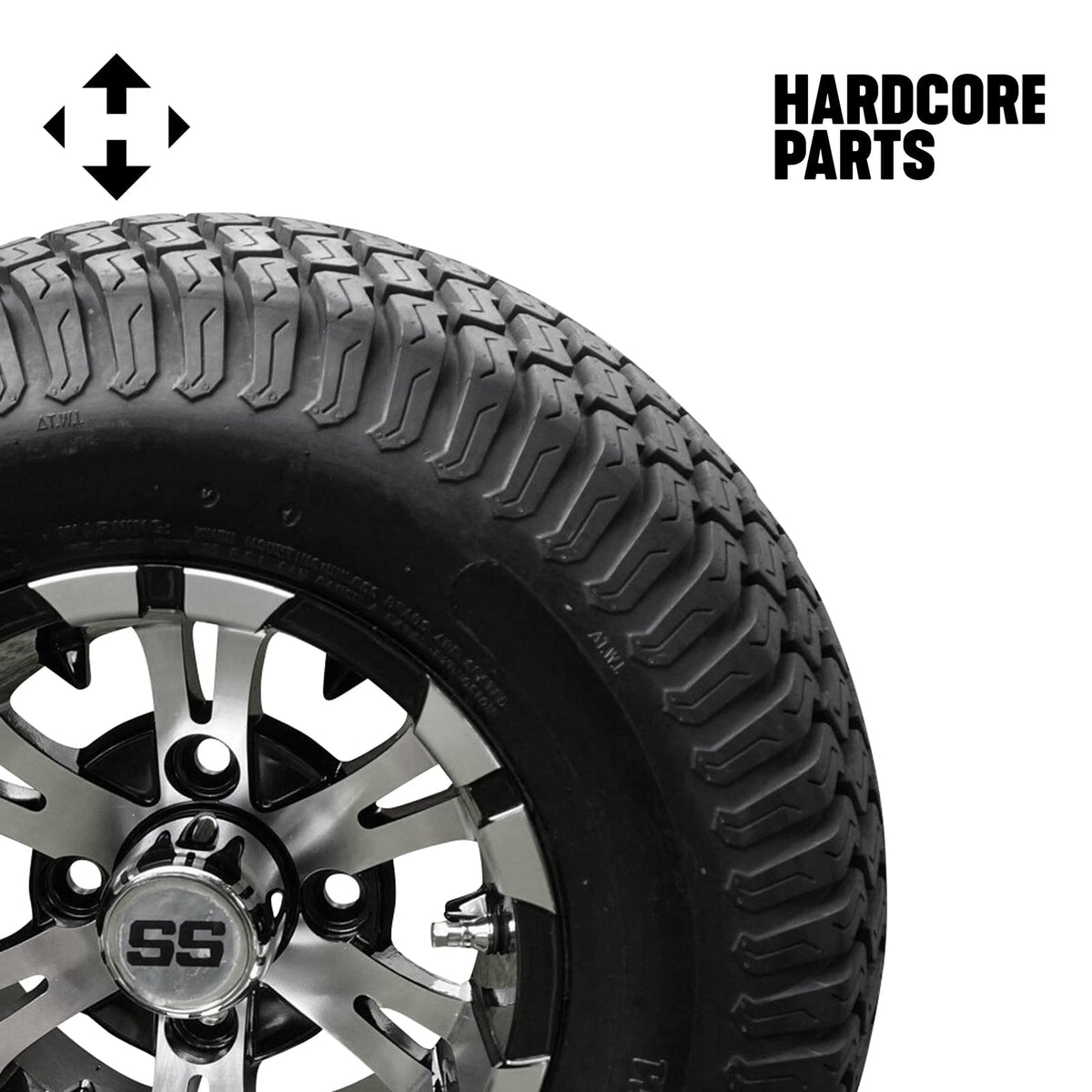 10" Machined/Black 'Vampire' Golf Cart Wheels and 20"x8"-10 Turf tires - Set of 4, includes Chrome 'SS' center caps and M12x1.25 Chrome lug nuts