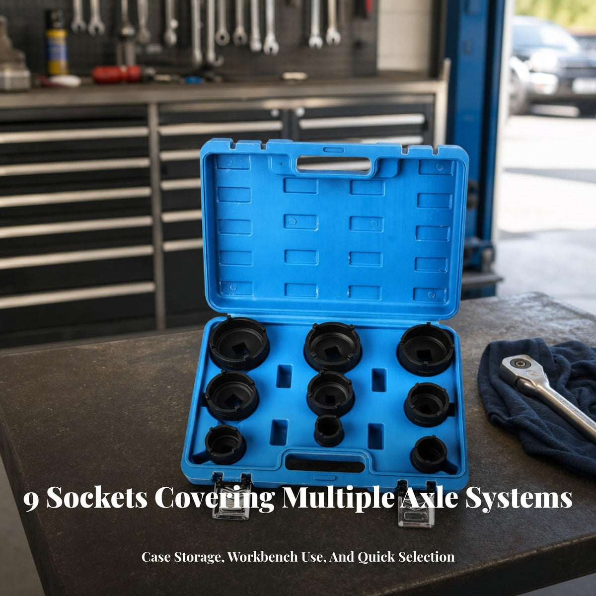 9 Pieces Heavy Duty Axle Nut Socket Set with Metal Case for Automotive Hub Removal and Maintenance Operations