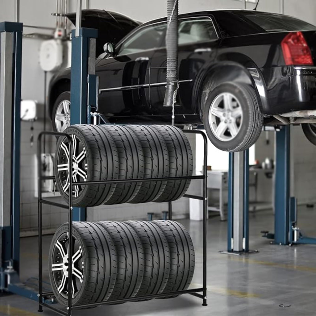 Tire Rack, Garage Rack Tire Rack, Freestanding 2 Tier Tire Holder for Garage, Steel Tire Rack Organizer with Rolling Wheels(110x50x128cm/43.3x19.7x50.4in)