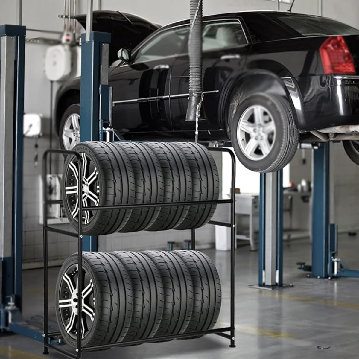 Tire Rack, Garage Rack Tire Rack, Freestanding 2 Tier Tire Holder for Garage, Steel Tire Rack Organizer with Rolling Wheels(110x50x128cm/43.3x19.7x50.4in)