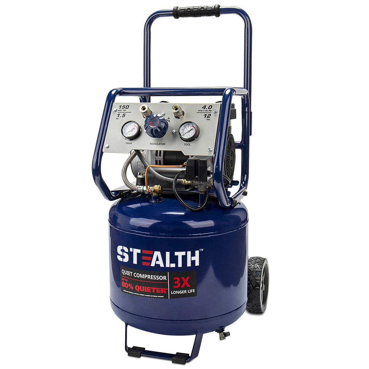 Stealth 12 Gallon Quiet Air Compressor, 1.5 HP Oil-Free Max150 PSI 68 Decibel,5 CFM @ 40 PSI 4 CFM @ 90 PSI Silent Portable Air Compressor W/Wheel for Garage, SAQ-11215
