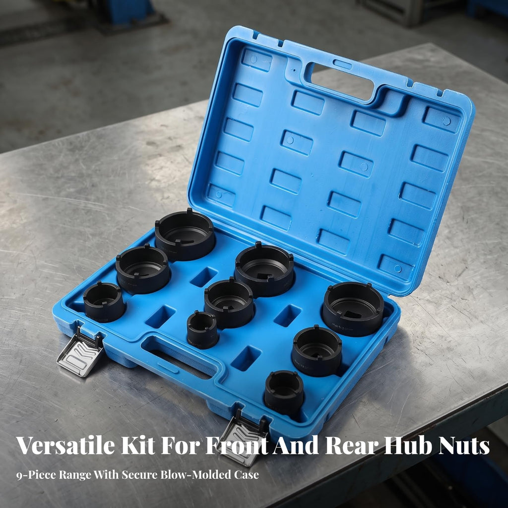 Baoblaze 9 Pieces Wheel Hub Bearing Socket Set for Axle Nut Removal Constructed from High Strength 40Cr Alloy Steel with Convenient Molded Carry Handle Storage