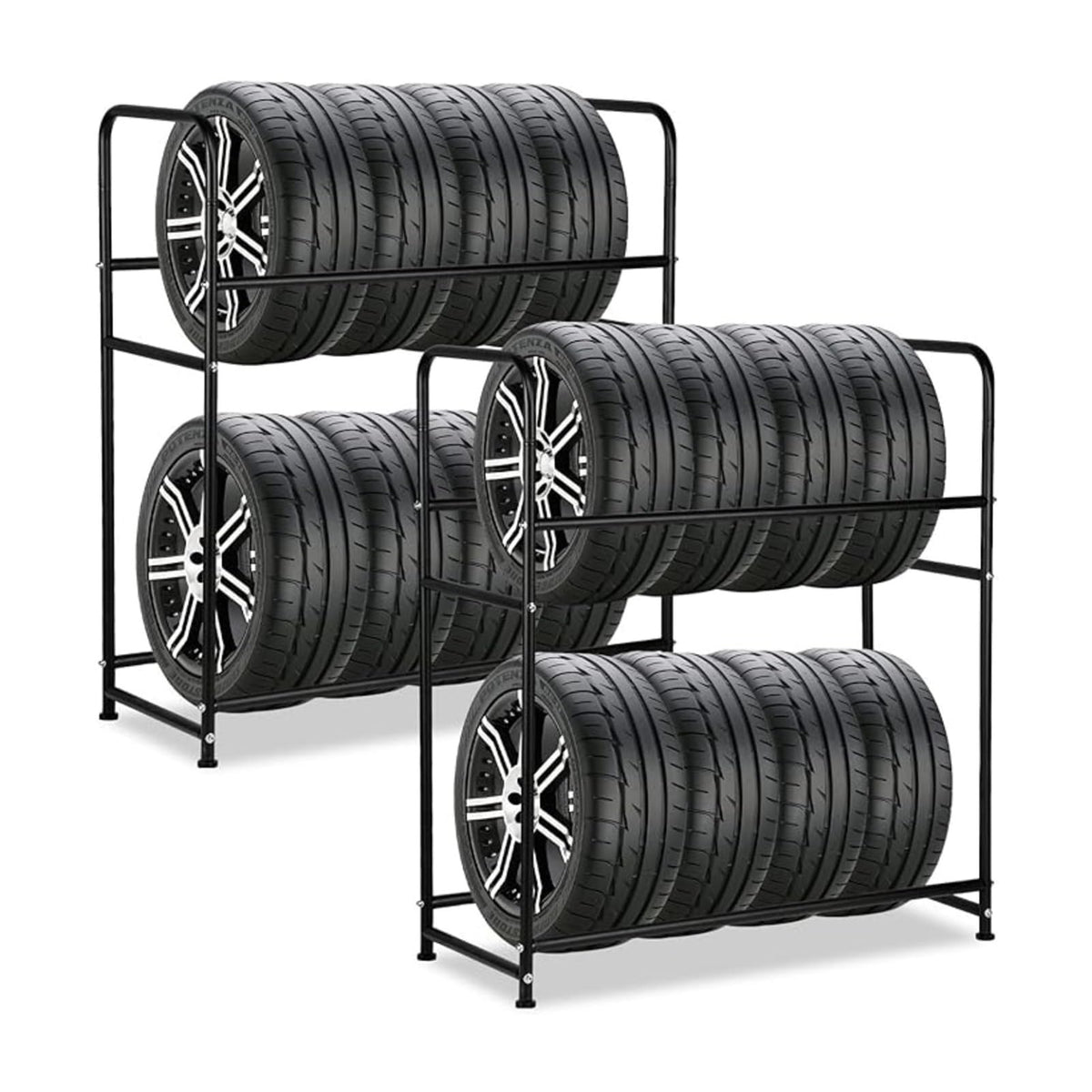 Tire Rack, Garage Rack Tire Rack, Freestanding 2 Tier Tire Holder for Garage, Steel Tire Rack Organizer with Rolling Wheels(110x50x128cm/43.3x19.7x50.4in)