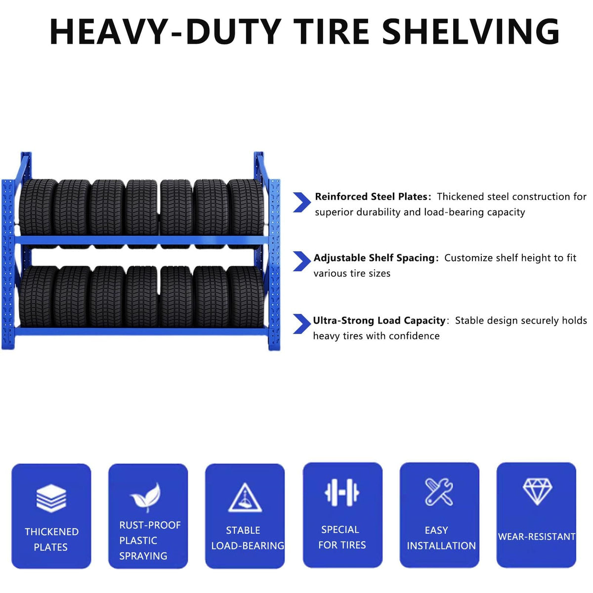 Heavy Duty Tire Storage Rack for Garage | 2000lbs Capacity | Adjustable Shelf Height | Tool-Free Assembly | 2-Tier Freestanding Tire Storage Rack(59.1"x19.7"x55.1")