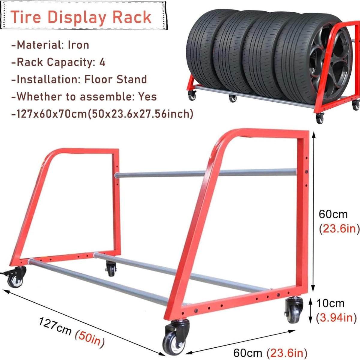 Heavy Duty Tire Storage Shelf Unit with 4 Wheel Casters, Adjustable Metal Tyre Organizer Rack, Garage Tires Rack for Home Workshop