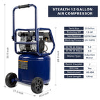 Stealth 12 Gallon Quiet Air Compressor, 1.5 HP Oil-Free Max150 PSI 68 Decibel,5 CFM @ 40 PSI 4 CFM @ 90 PSI Silent Portable Air Compressor W/Wheel for Garage, SAQ-11215