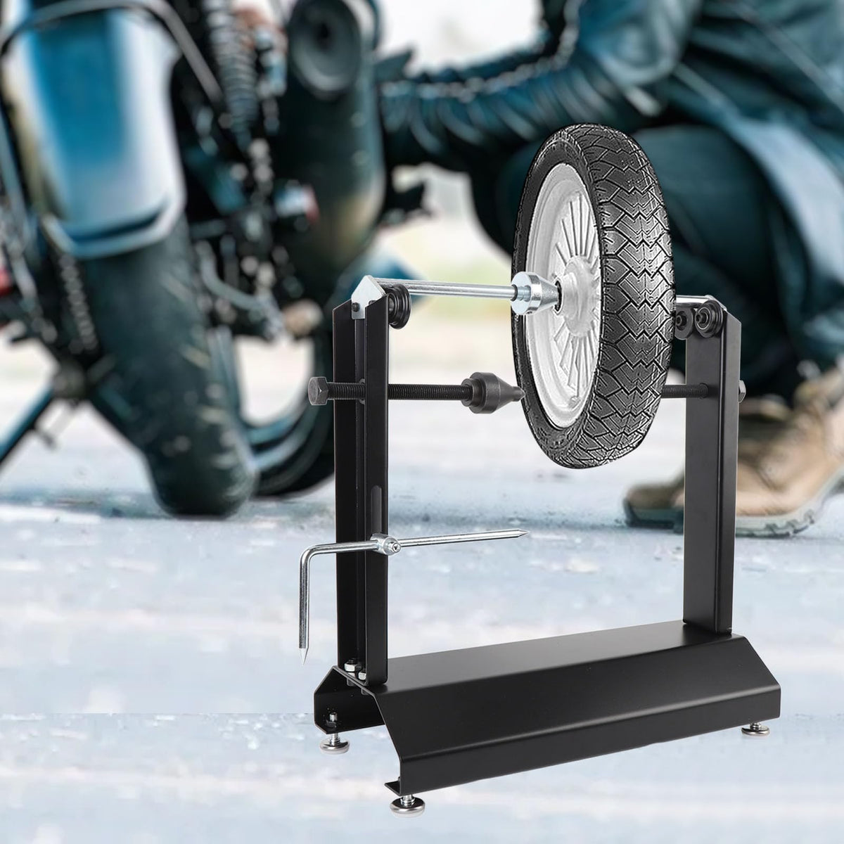 Motorcycle Wheel Balancer and Truing Stand with Adjustable Truing Pointer and Leveling Bubble, Heavy Duty Tire Balancer for Sport and Dirt Bikes, 1/2 Inch to 1 1/2 Inch Axles, Up