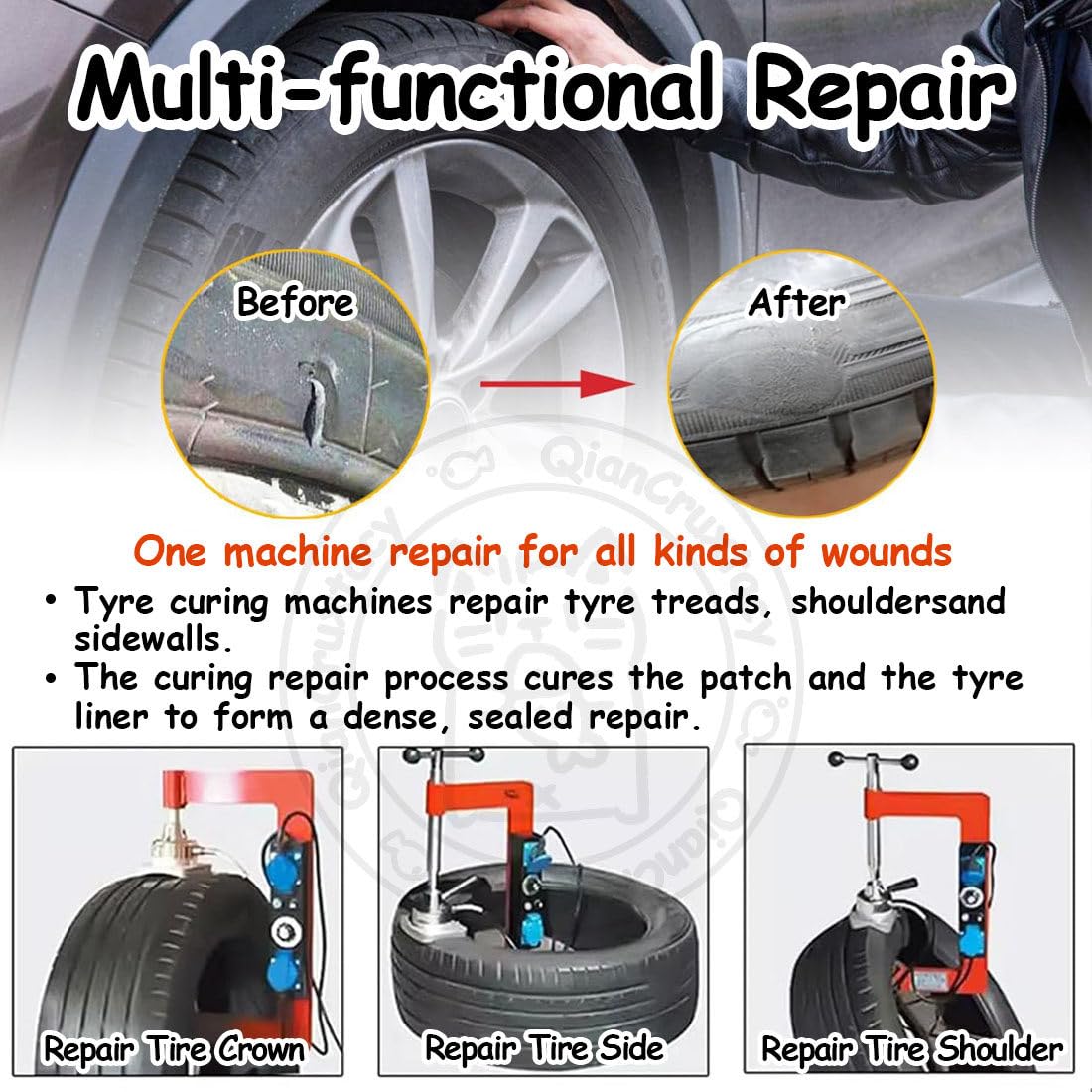 Tire Repair Machine & Vulcanizer Tool Kit with 8 Molds,Features Auto Temperature Setting (120℃–165℃),Manual/Spot Vulcanizing,for Hot Patch Repairs on Passenger Car and Small Truck Tires