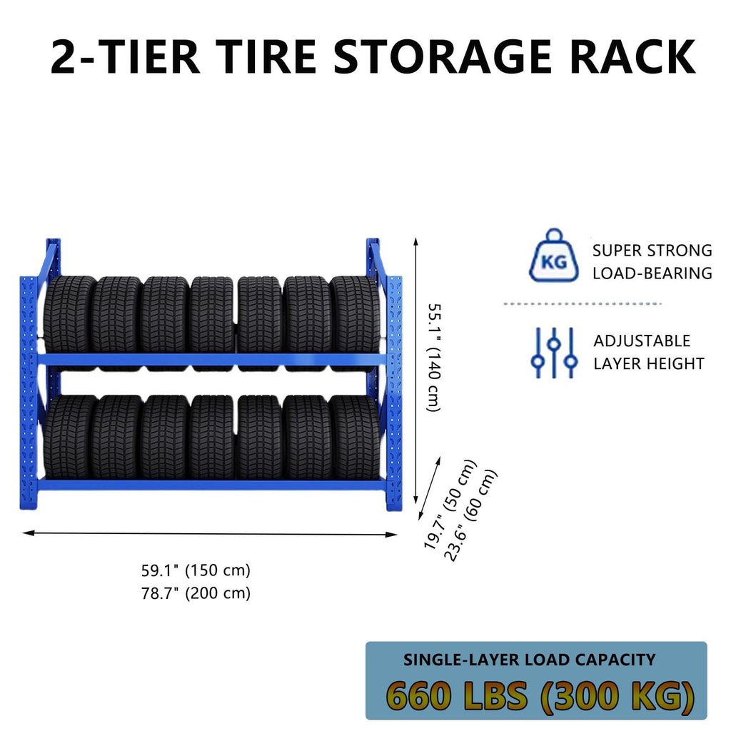 Heavy Duty Tire Storage Rack for Garage | 2000lbs Capacity | Adjustable Shelf Height | Tool-Free Assembly | 2-Tier Freestanding Tire Storage Rack(59.1"x19.7"x55.1")